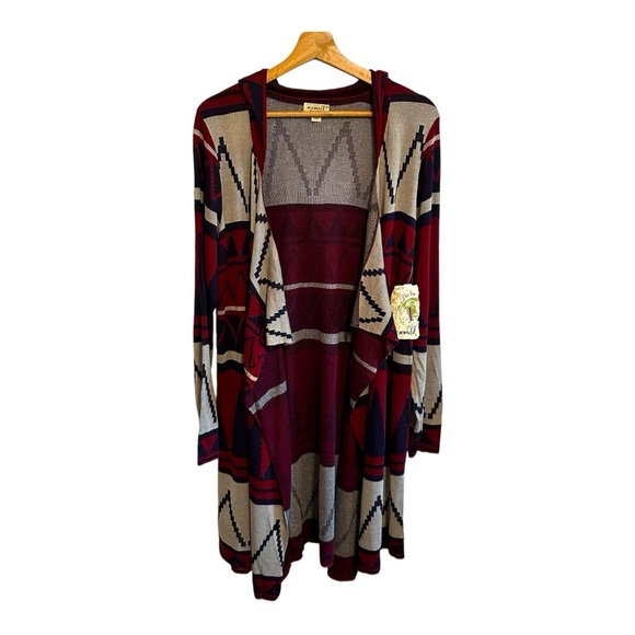 One World Women's Red Boho Open Front Hooded Cardigan Size X-Large - Picture 1 of 13